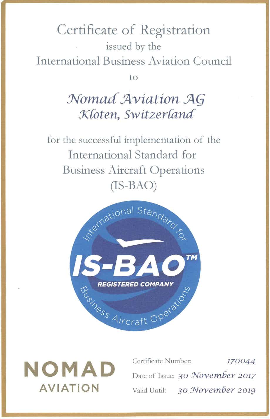 Nomad Aviation receives IS-BAO Registration Certificate